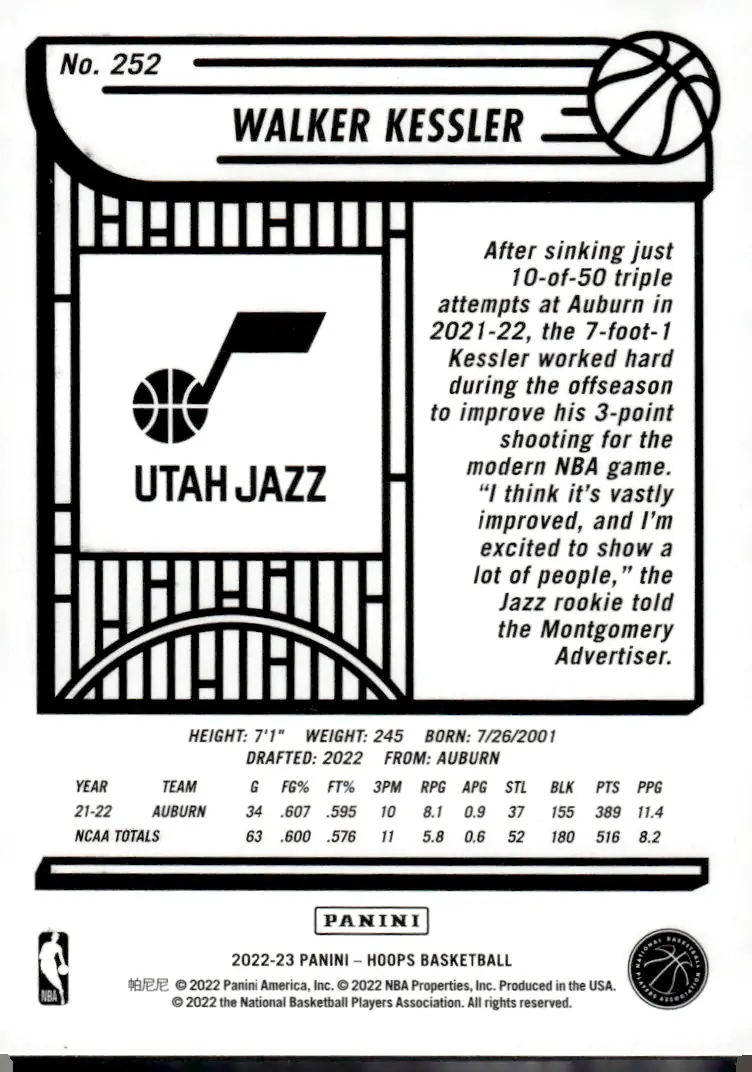 2022-23 NBA Hoops #252 Walker Kessler (back)