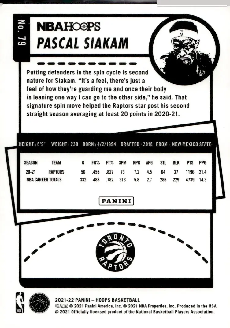 2021-22 NBA Hoops #79 Pascal Siakam (back)