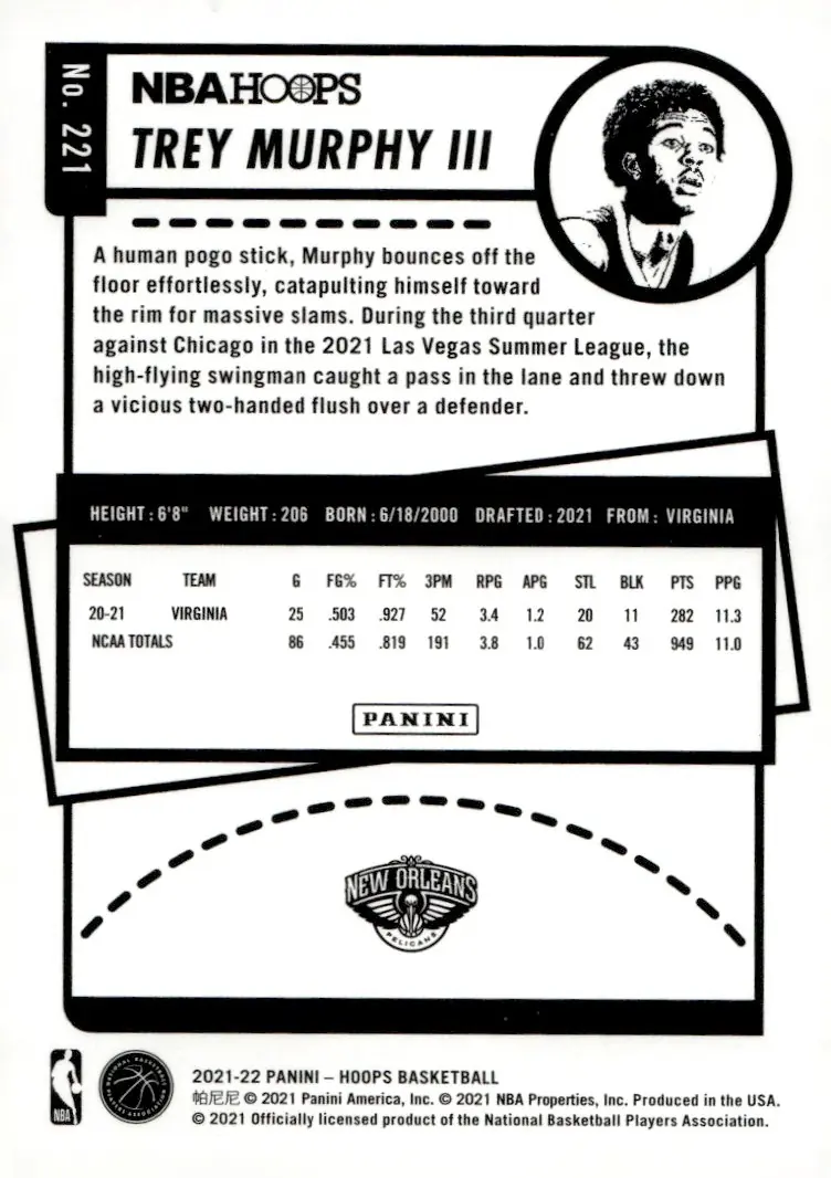 2021-22 NBA Hoops #221 Trey Murphy III – Purple (back)