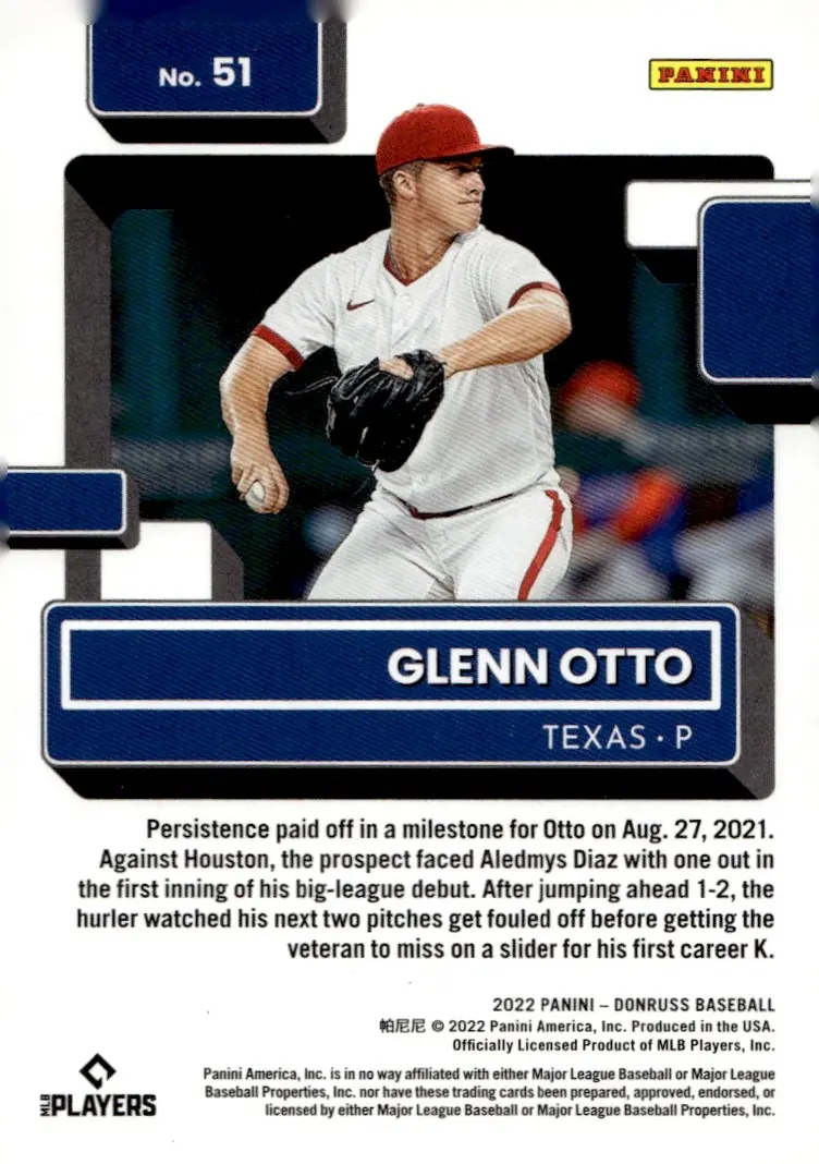 2022 Donruss Baseball #51 Glenn Otto – Holo Orange (back)