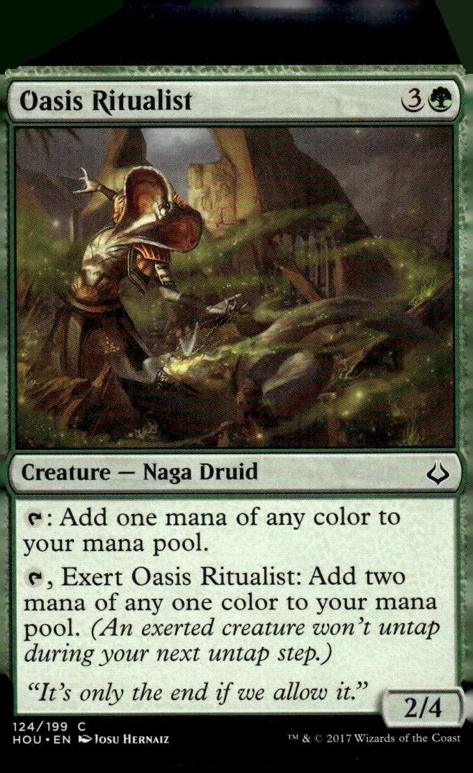 2017 Hour of Devastation (HOU) #124/199 Oasis Ritualist (Creature — Naga Druid); art by Josu Hernaiz (front)