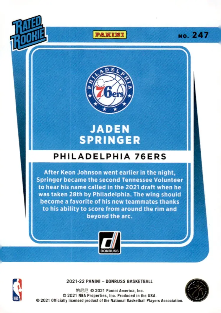 2021-22 Donruss Basketball #247 Jaden Springer (back)