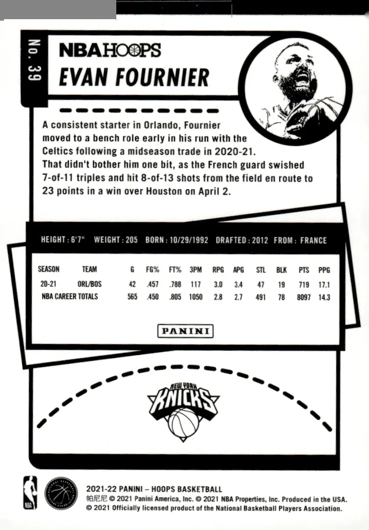 2021-22 NBA Hoops #39 Evan Fournier (back)