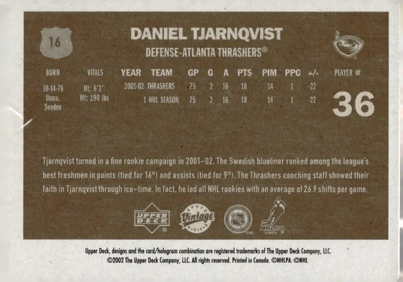 2002-03 Upper Deck Vintage #16 Daniel Tjarnqvist (back)