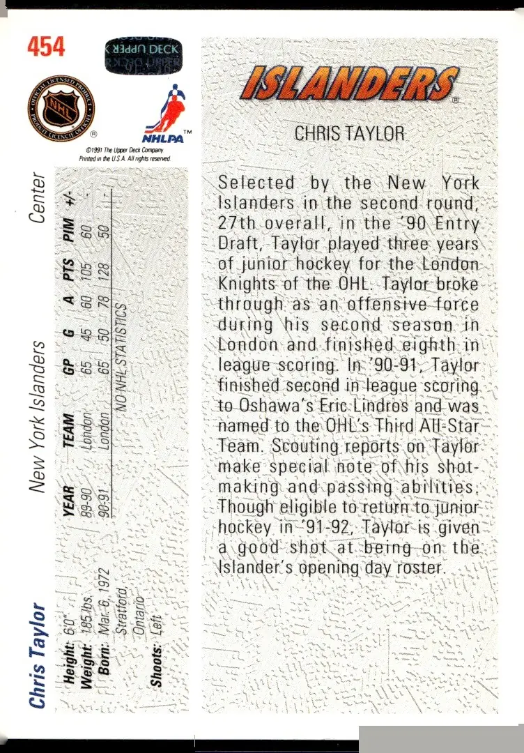 1991-92 Upper Deck #454 Chris Taylor (back)