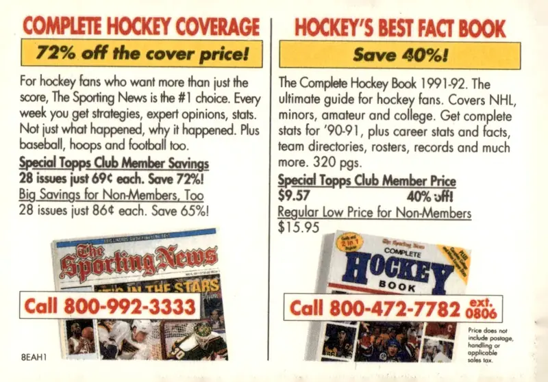 1991-92 Topps / Stadium Club Hockey (pack insert) Card (back)