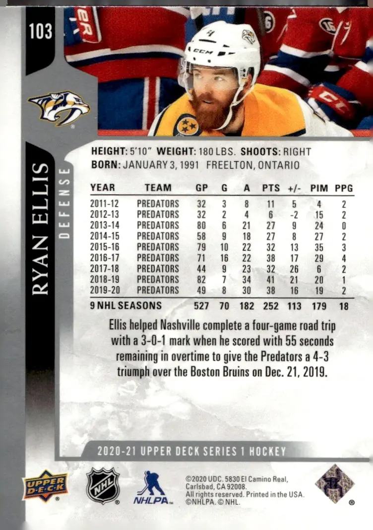 2020-21 Upper Deck Series 1 #103 Ryan Ellis (back)