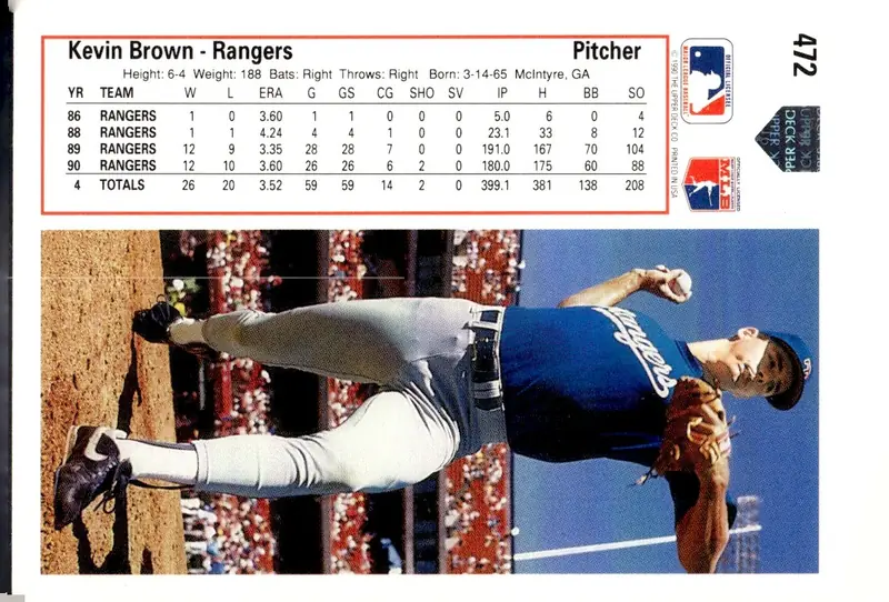 1991 Upper Deck #472 Kevin Brown (back)