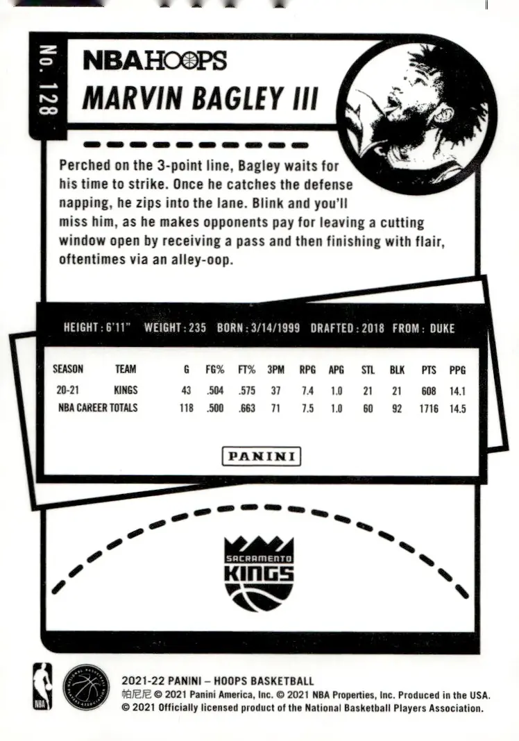 2021-22 NBA Hoops #128 Marvin Bagley III (back)