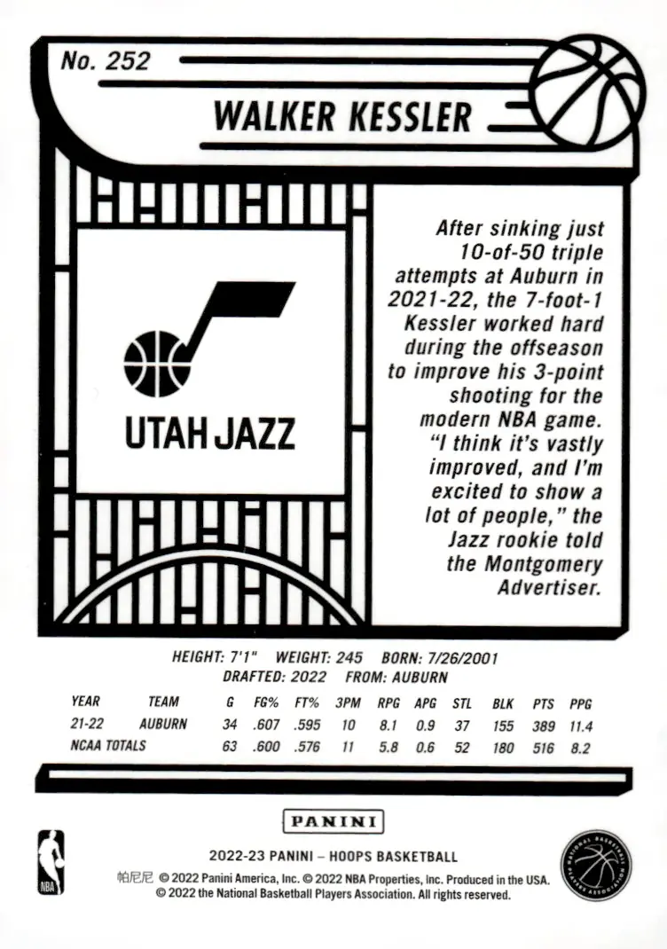 2022-23 NBA Hoops #252 Walker Kessler (back)