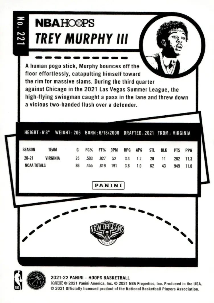 2021-22 NBA Hoops #221 Trey Murphy III – Purple (back)