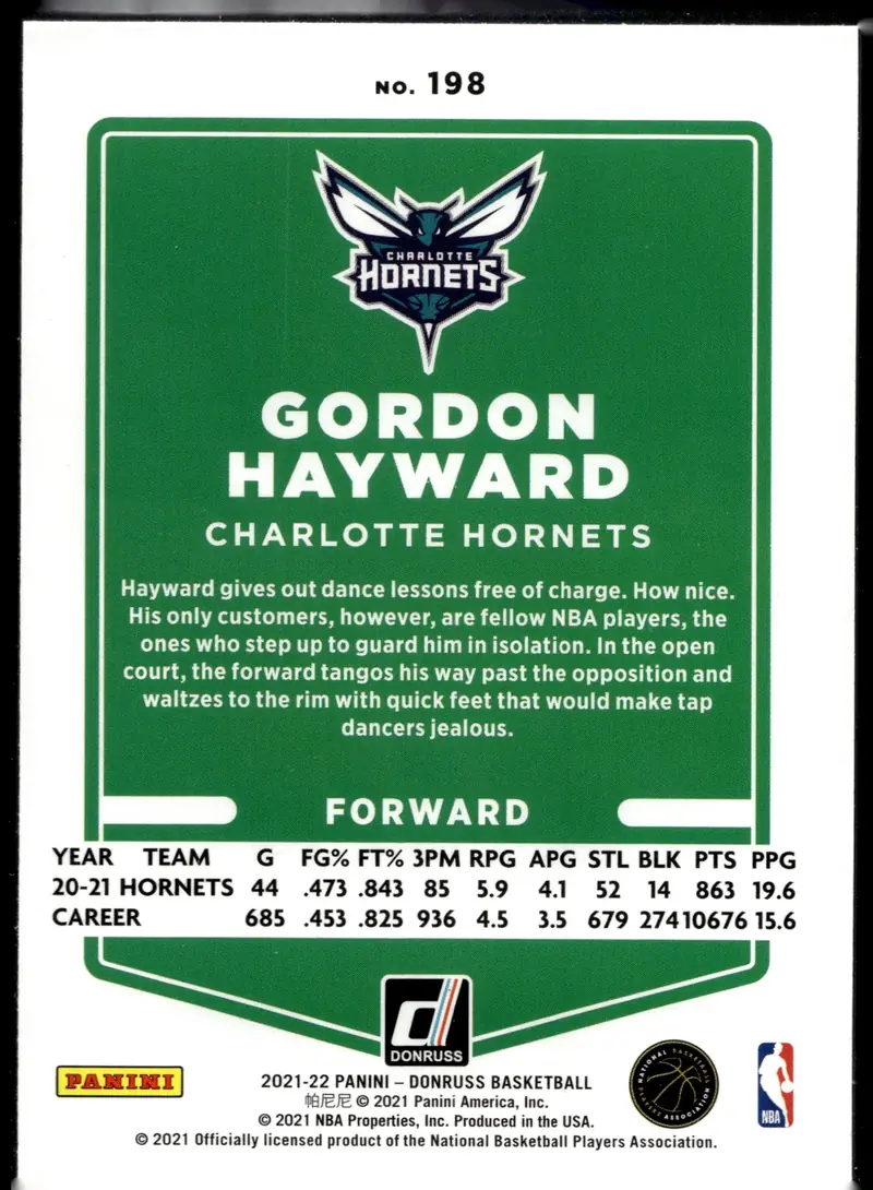 2021-22 Donruss Basketball #198 Gordon Hayward (back)