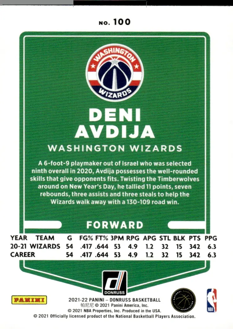 2021-22 Donruss #100 Deni Avdija (back)
