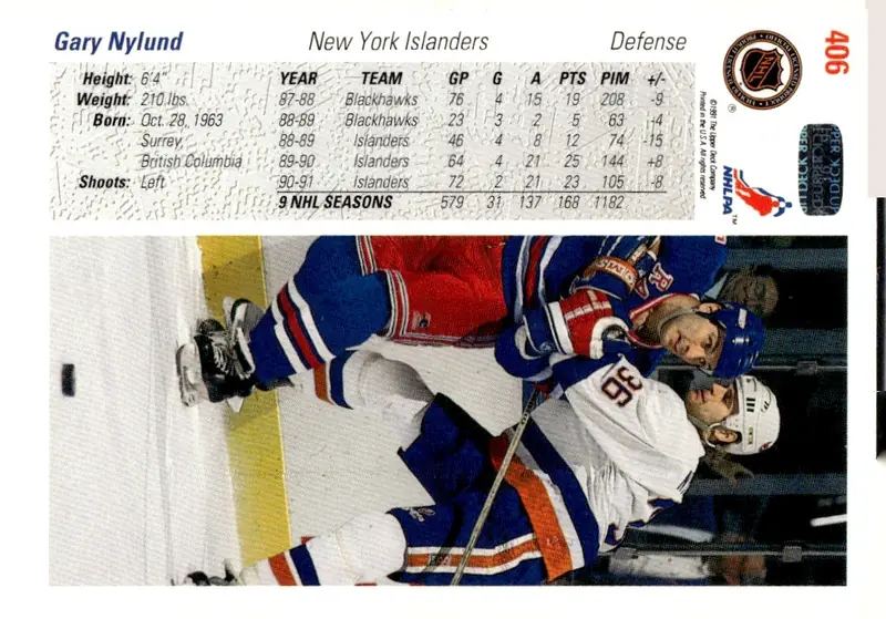 1991-92 Upper Deck #406 Gary Nylund (back)