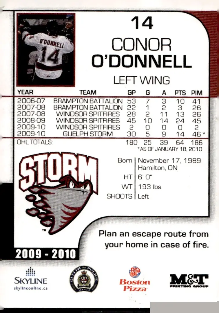 2009-10 Guelph Storm (OHL) Police/Fire Safety Team Issue #14 Conor O'Donnell (back)