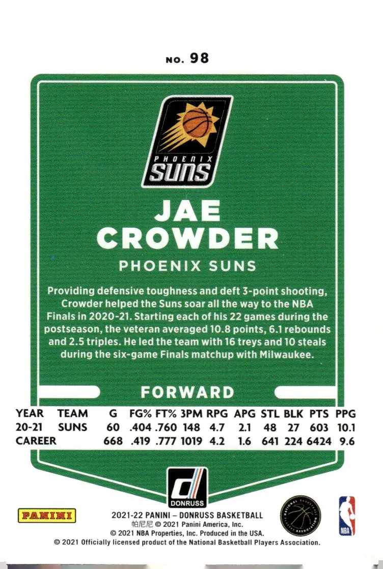 2021-22 Donruss Basketball #98 Jae Crowder (back)
