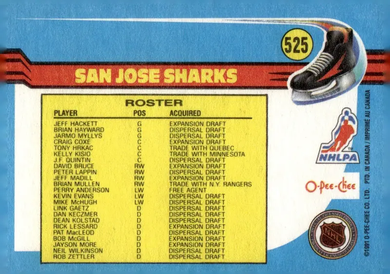 1991-92 O-Pee-Chee #525 San Jose Sharks (back)