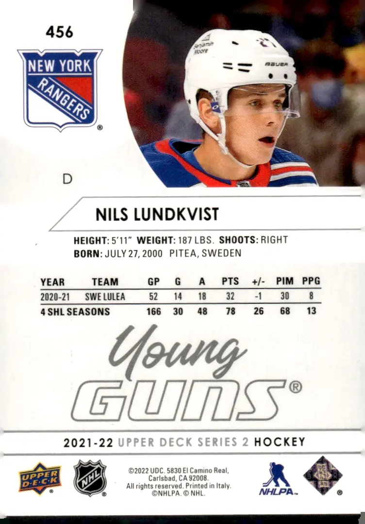 2021-22 Upper Deck Series 2 #456 Nils Lundkvist (back)