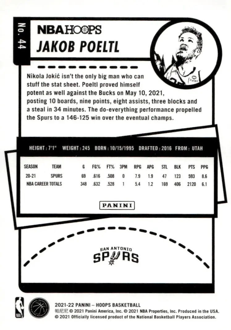 2021-22 NBA Hoops #44 Jakob Poeltl (back)