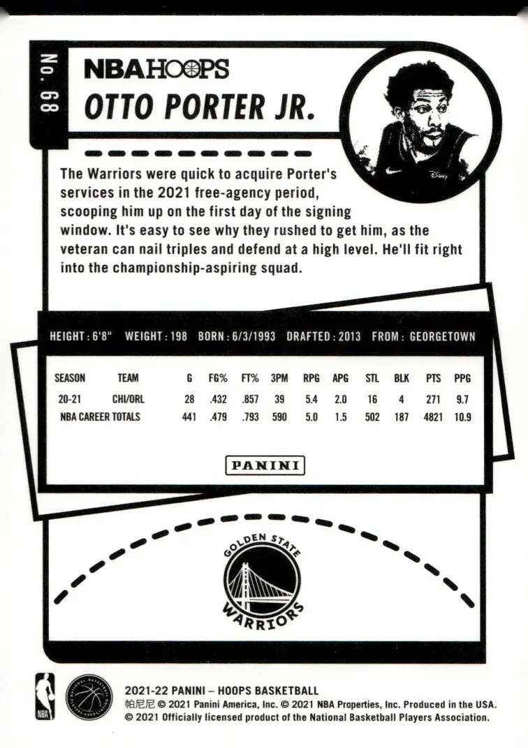 2021-22 NBA Hoops #68 Otto Porter Jr. (back)