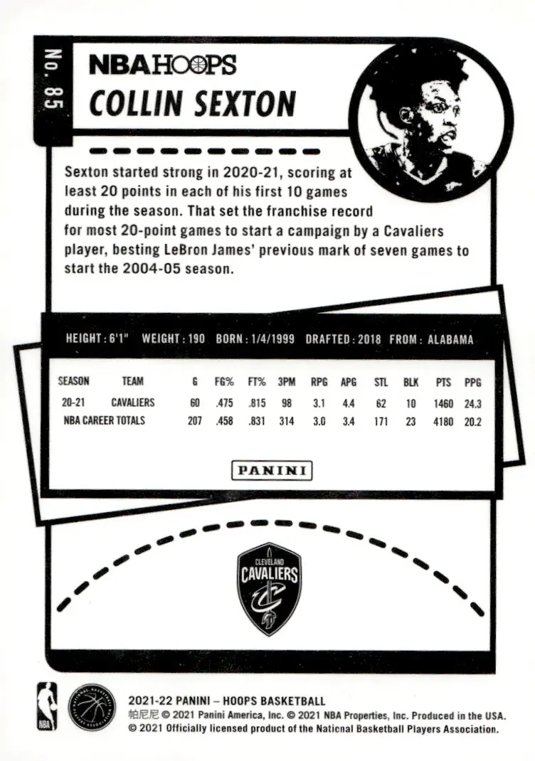 2021-22 NBA Hoops #85 Collin Sexton (back)