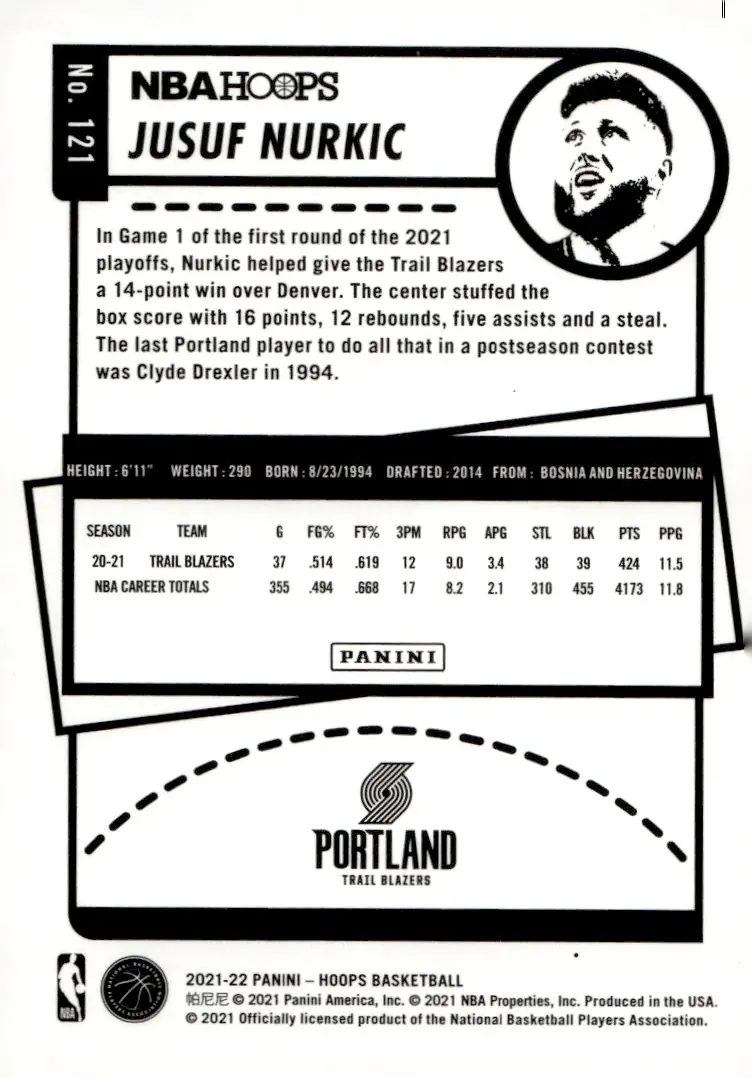 2021-22 NBA Hoops #121 Jusuf Nurkic (back)
