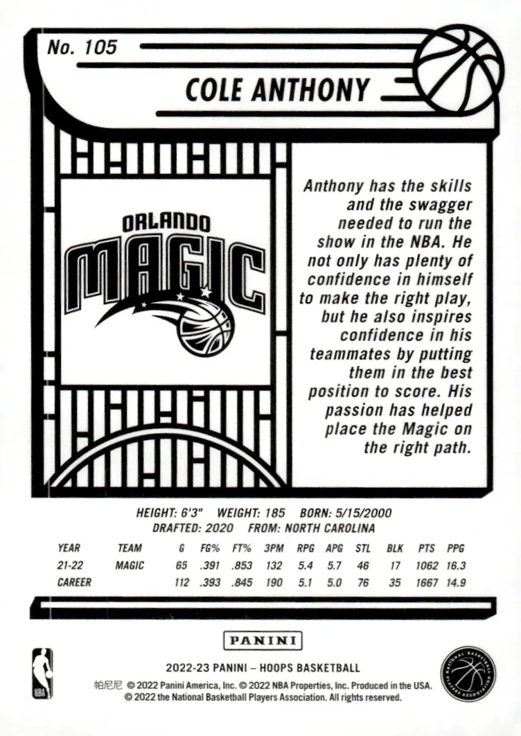 2022-23 NBA Hoops #105 Cole Anthony (back)