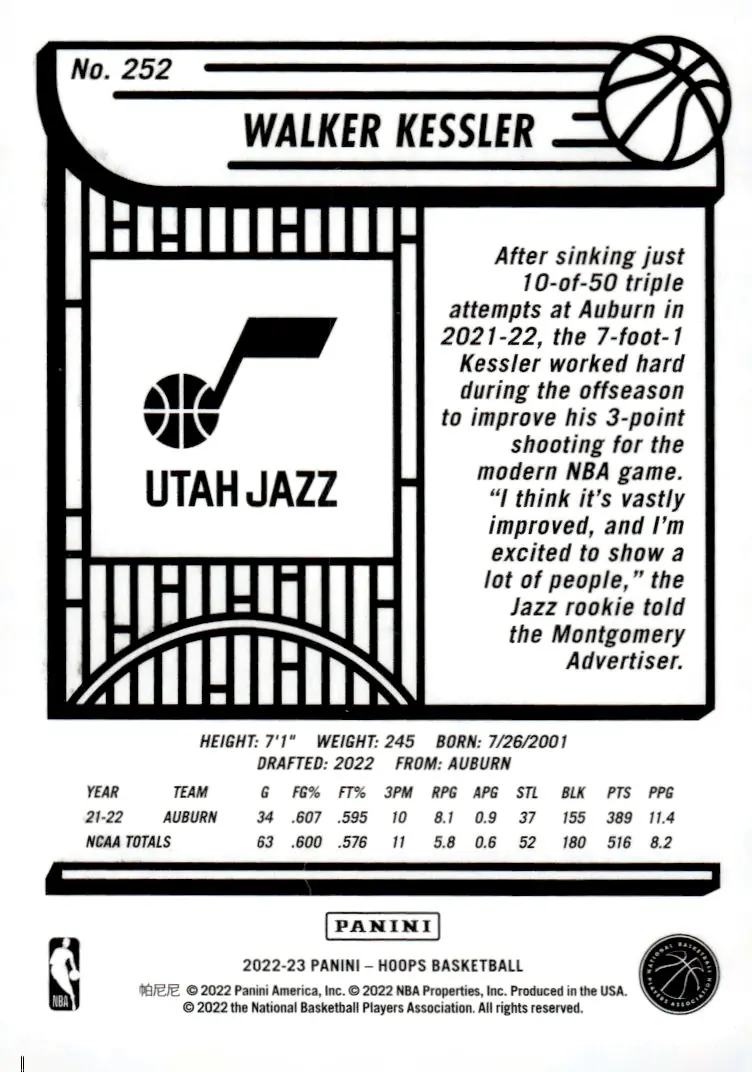 2022-23 NBA Hoops #252 Walker Kessler (back)