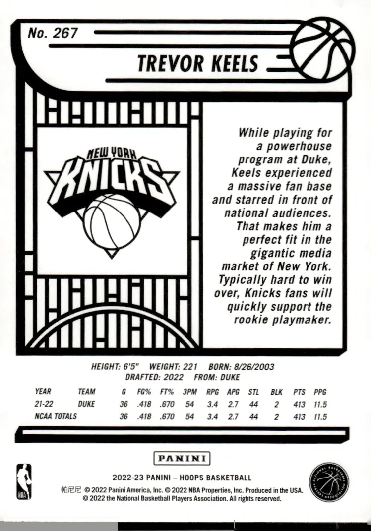 2022-23 NBA Hoops #267 Trevor Keels – Purple (back)