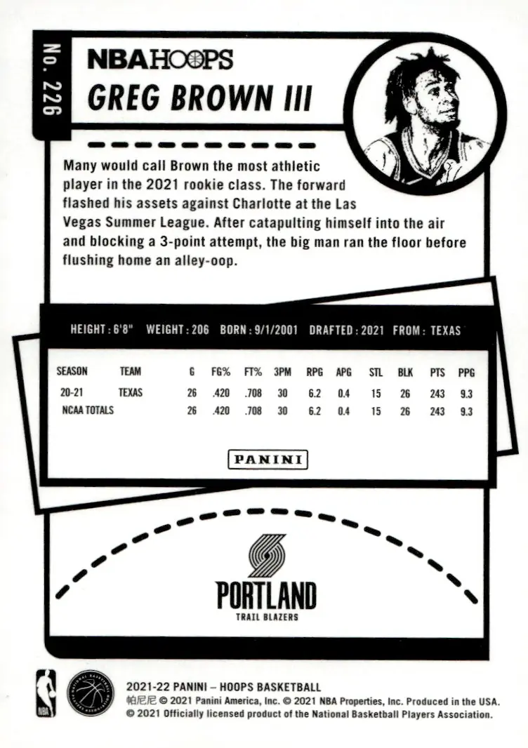 2021-22 NBA Hoops #226 Greg Brown III – Purple (back)