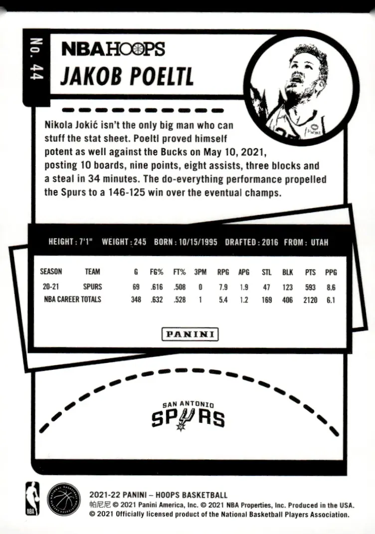 2021-22 NBA Hoops #44 Jakob Poeltl (back)