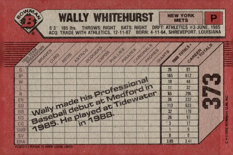1989 Bowman #373 Wally Whitehurst (back)