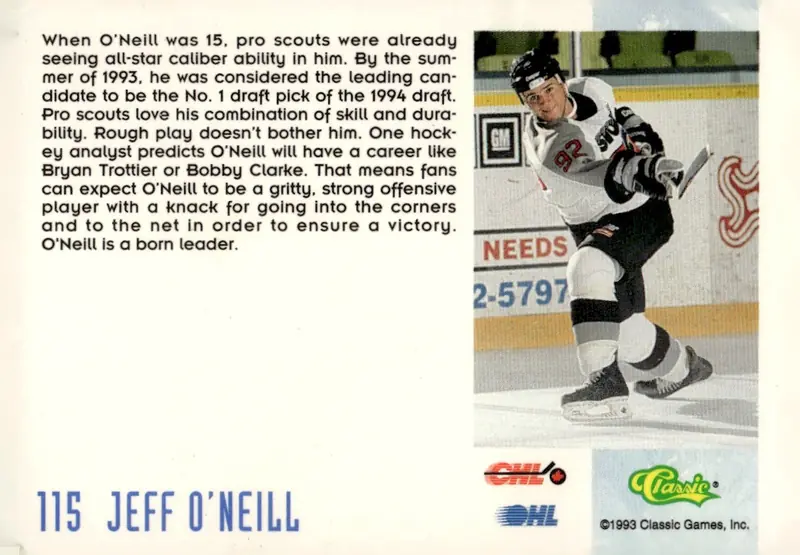1993-94 Classic '93 Hockey Draft #115 Jeff O'Neill (back)