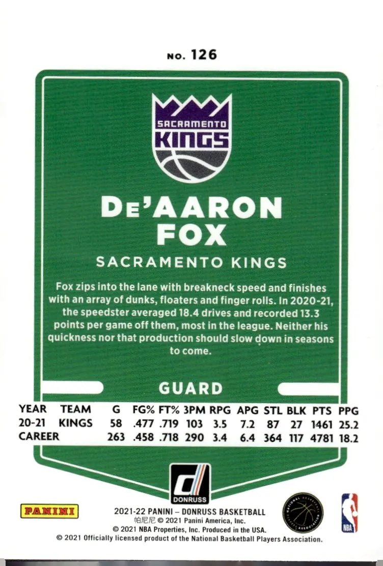 2021-22 Donruss #126 De'Aaron Fox (back)