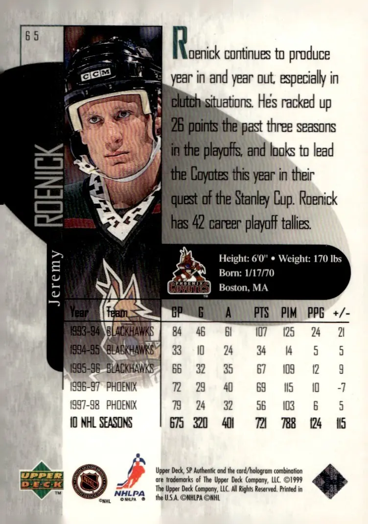 1998-99 SP Authentic #65 Jeremy Roenick (back)