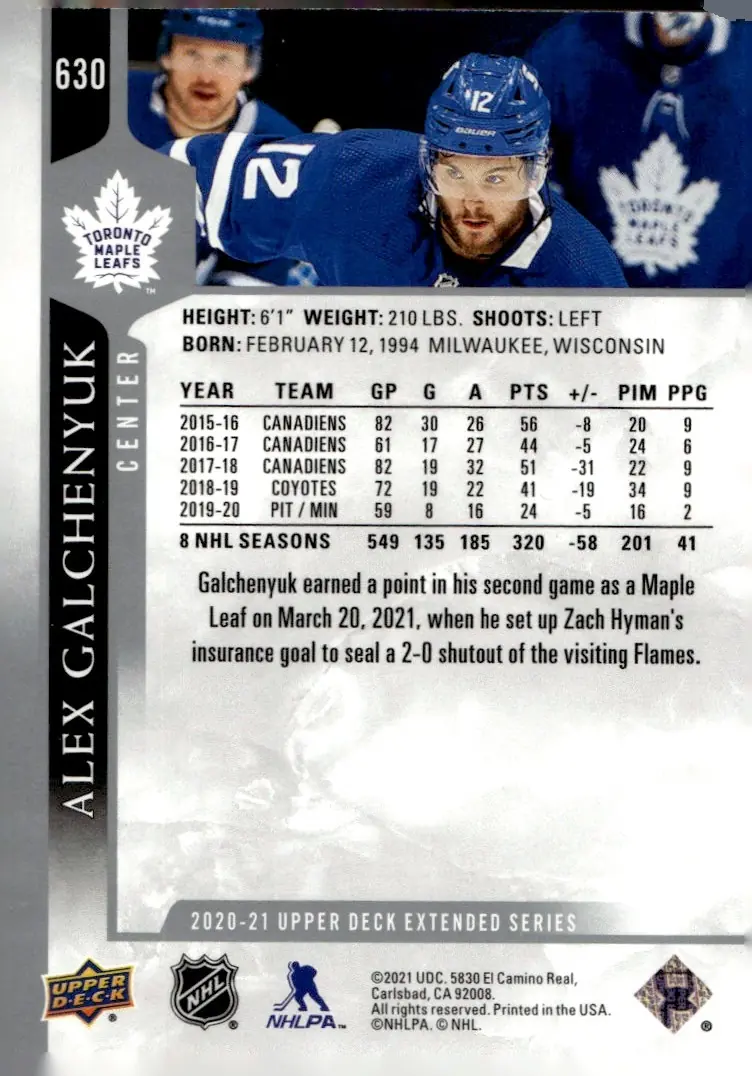 2020-21 Upper Deck Extended Series #630 Alex Galchenyuk (back)
