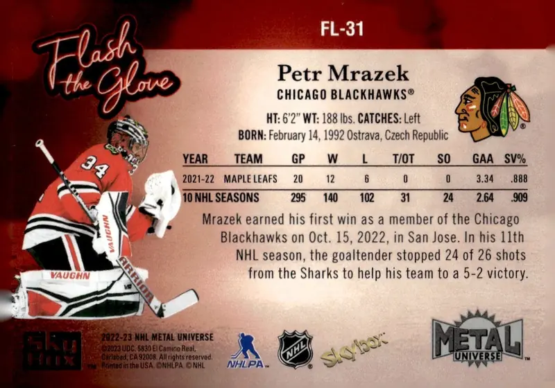 2022-23 SkyBox Metal Universe #FL-31 Petr Mrazek (back)