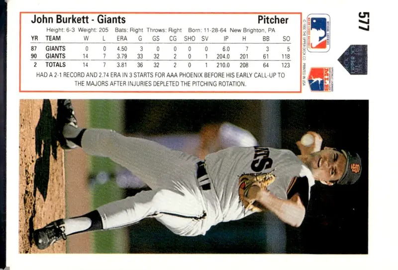1991 Upper Deck #577 John Burkett (back)