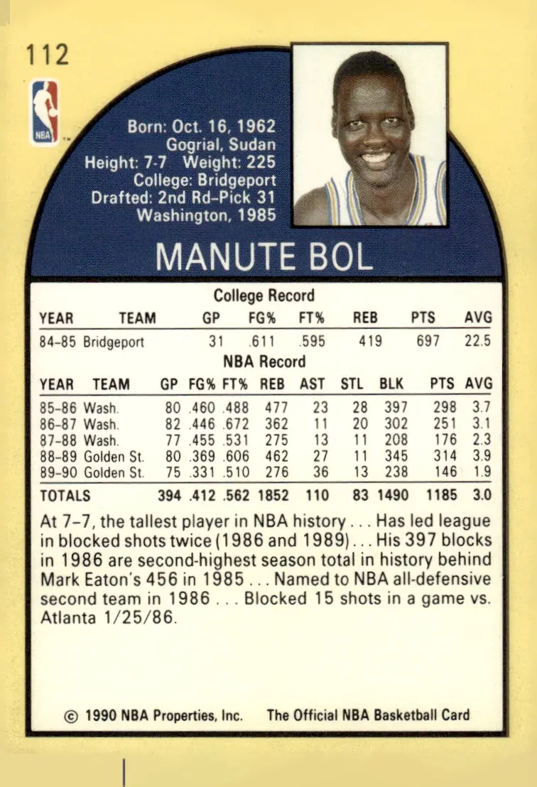 1990-91 NBA Hoops #112 Manute Bol (back)