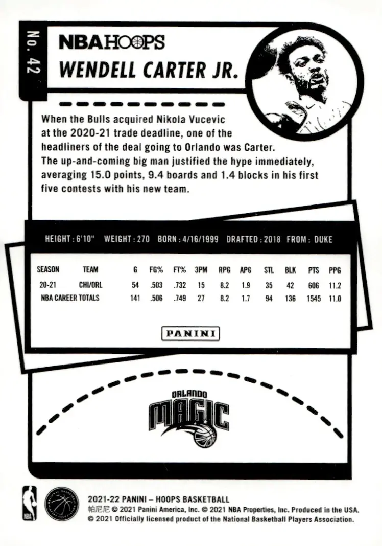 2021-22 NBA Hoops #42 Wendell Carter Jr. (back)