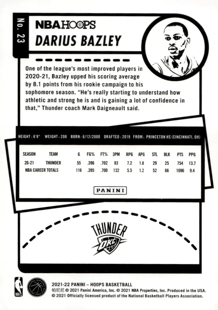 2021-22 NBA Hoops #23 Darius Bazley (back)