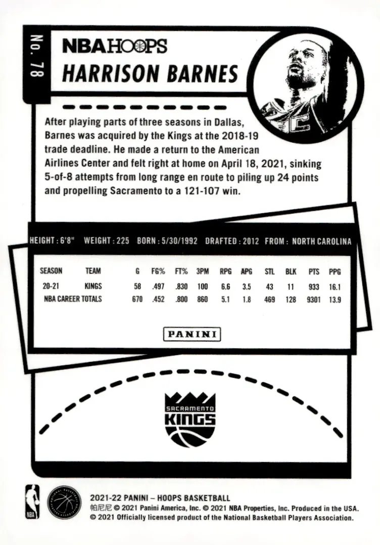2021-22 NBA Hoops #78 Harrison Barnes (back)
