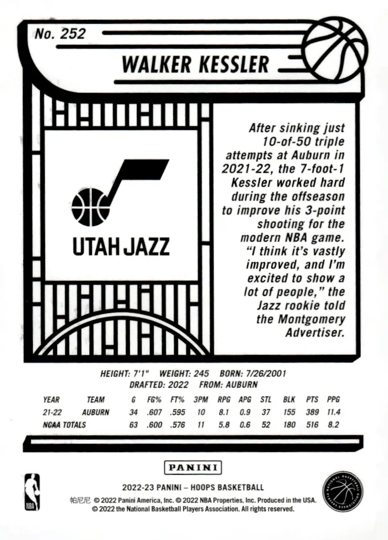 2022-23 NBA Hoops #252 Walker Kessler (back)