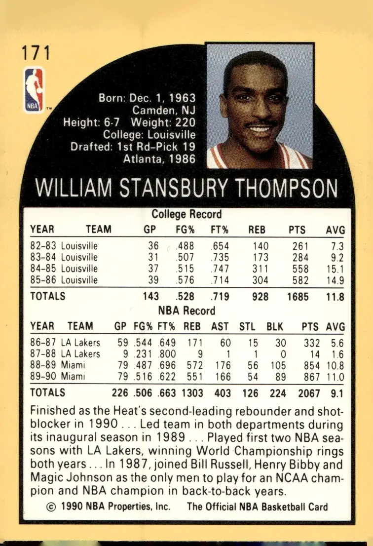 1990-91 NBA Hoops #171 Billy Thompson (back)