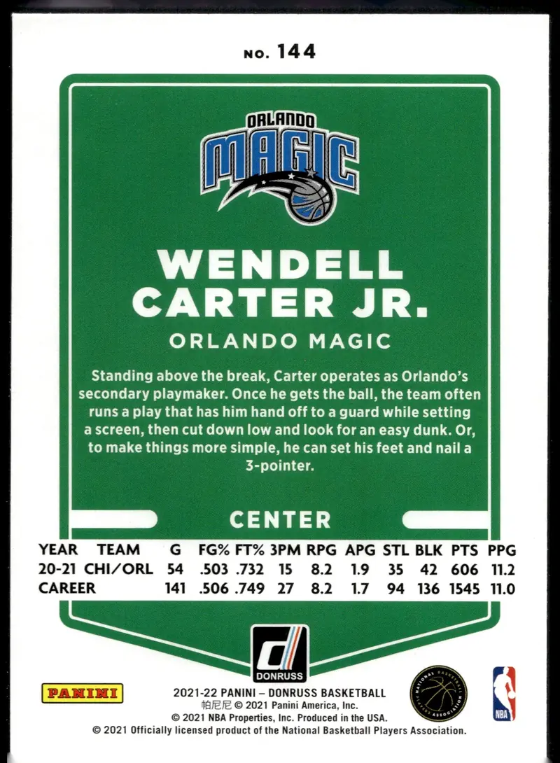 2021-22 Donruss Basketball #144 Wendell Carter Jr. (back)