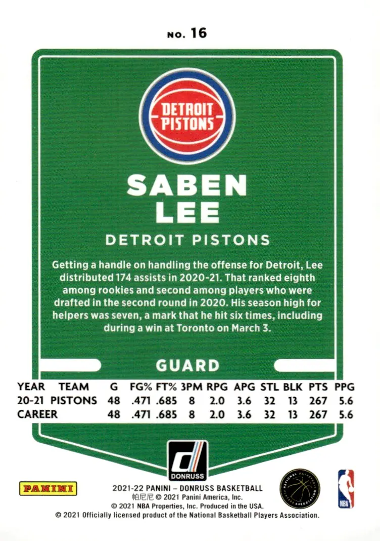 2021-22 Donruss #16 Saben Lee (back)
