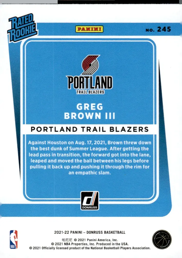 2021-22 Donruss #245 Greg Brown III – Red Laser (back)