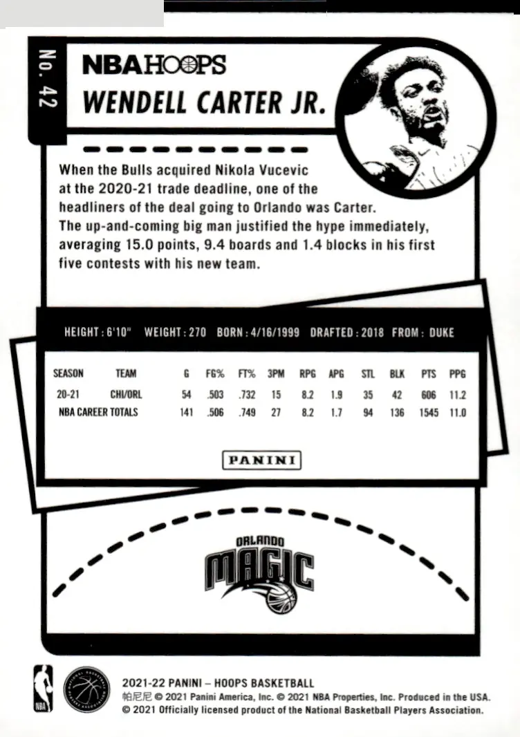 2021-22 NBA Hoops #42 Wendell Carter Jr. (back)
