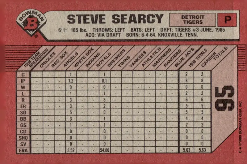 1989 Bowman #95 Steve Searcy (back)