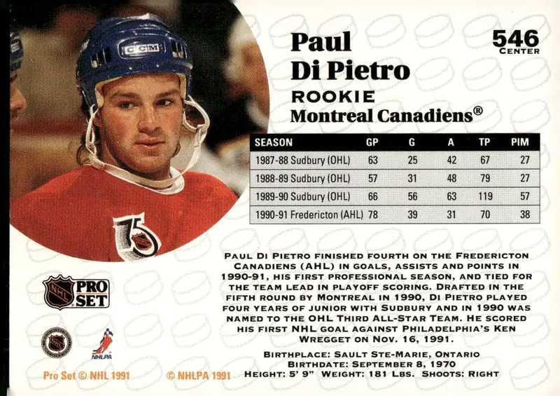 1991-92 Pro Set (Series 2) #546 Paul Di Pietro (back)